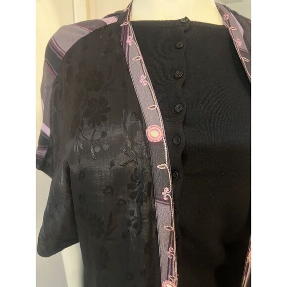 Vintage Tienda Ho Boho Womens OS Duster Black Purple Jacquard Short Sleeves - Picture 3 of 10